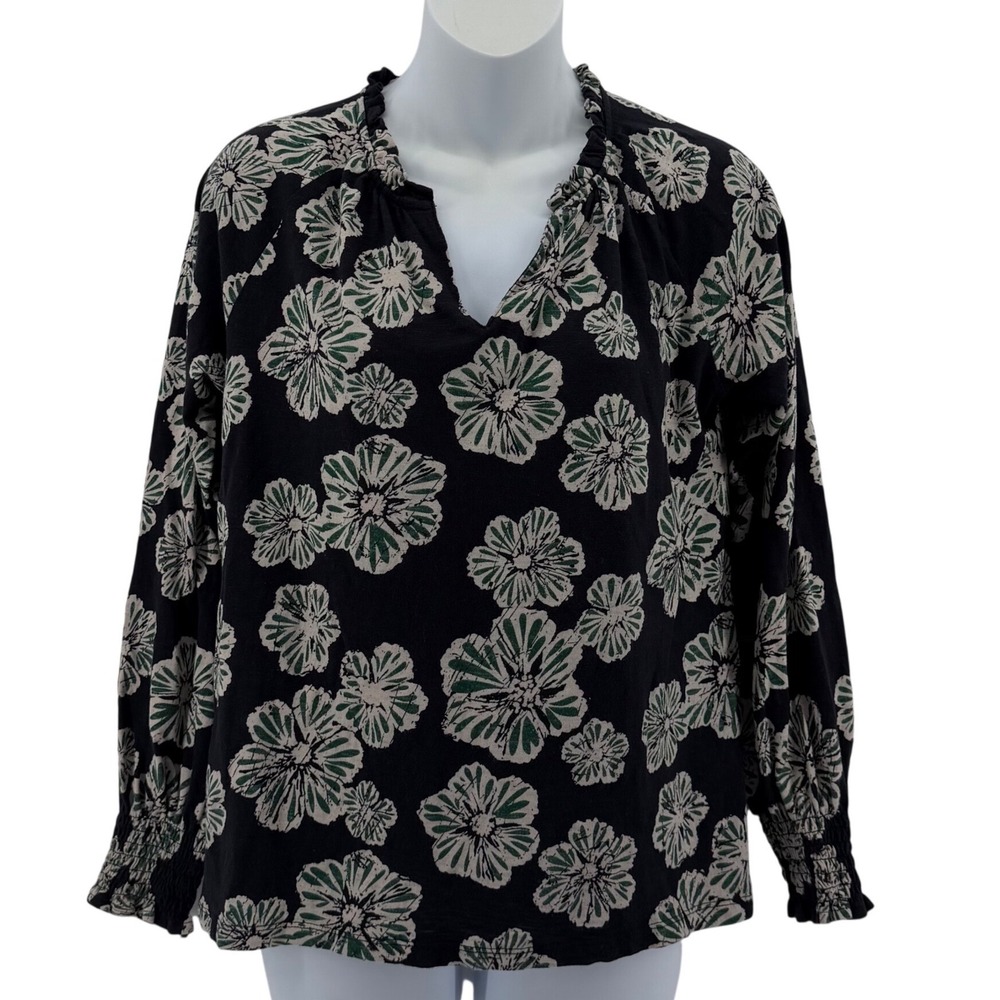 FatFace Cotton Floral Blouse Women Size 2 Black Green Long Sleeve Boho Top